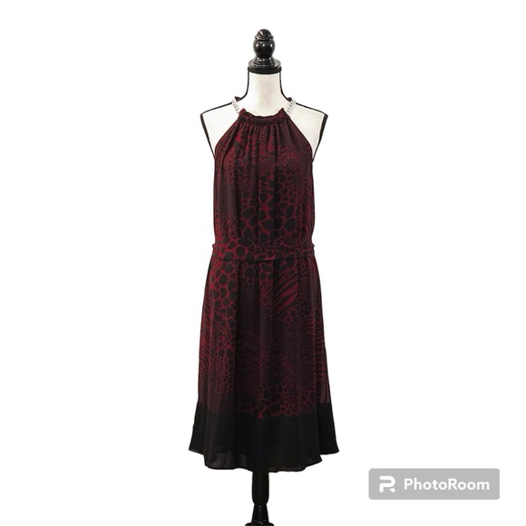 Michael Michael Kors Womens Printed Halter-Neck Dress Dark Ruby Size  Large - Picture 1 of 6